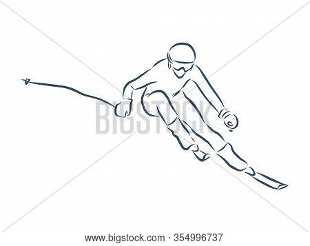 Freehand Drawing Of A Jumping Freestyler Skier With Equipment. Extreme Winter Sports.