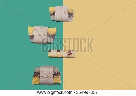 Natural Soap On The Yelloow And Green Background. Copy Space. Place For Text And Design. Top View. F