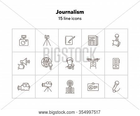 Journalism Icons. Line Icons Collection On White Background. Camera, Newspaper, Microphone. Mass Med
