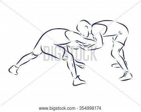 Greco-roman Wrestling. Black Isolated Contour. Sports Competition Or Training. Vector Silhouettes.