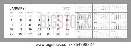Wall Calendar Template For 2021 Year. Planner Diary In A Minimalist Style. Week Starts On Monday. Se