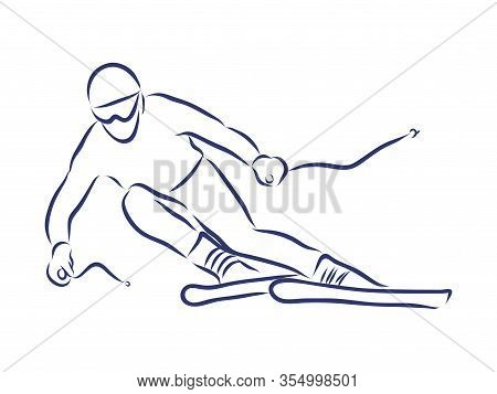 Freehand Drawing Of A Jumping Freestyler Skier With Equipment. Extreme Winter Sports.