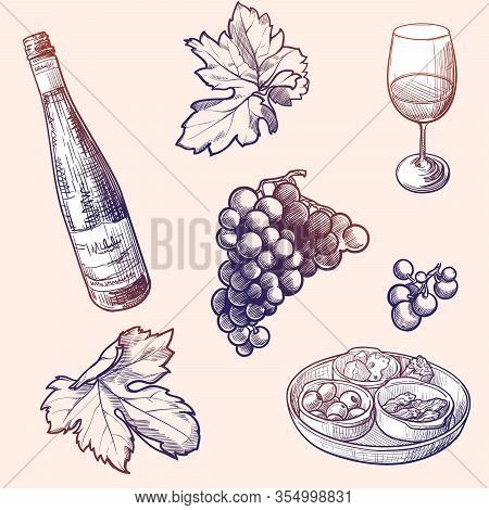 Georgian Wine Culture Seamless Pattern. Wine Bottle And Glass, Grapevine Leaves And Berries Clasters