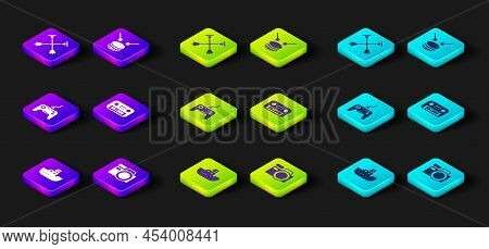Set Toy Boat, Photo Camera, Gamepad, Piano, Drum With Drum Sticks And Arrow Sucker Tip Icon. Vector
