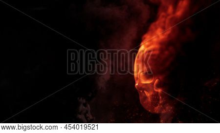 Burning Red Skull With Fire Backdrop With Empty Space - War Concept - Abstract 3d Rendering