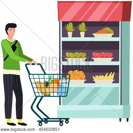 Supermarket, Grocery Store With Food On Shelves. Sale, Discounts In Food Store. Shop In Mall For Sel