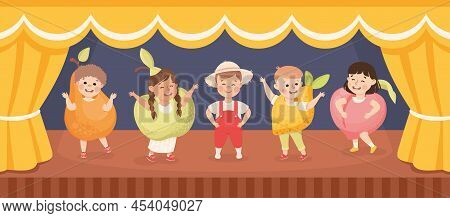 Children In Theater Play Wearing Costumes Performing On Stage Vector Illustration