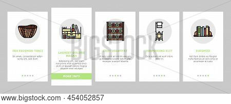 Home Decoration And Furniture Onboarding Mobile App Page Screen Vector. Bookends And Rattan Patio Ho