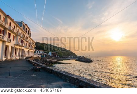 Sunset At Guethary Beach In Lapurdi Province. French Basque Country, Department Of Pyrénées-atlantiq