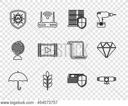 Set Line Umbrella, Diploma Rolled Scroll, Server With Shield, Wheat, Uv Protection, Play Video, Mone