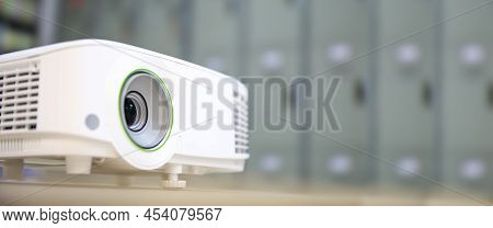 Close-up Computer Projector On Table Boardroom Or Meeting Room Technology Equipment Of Visual Or Vis