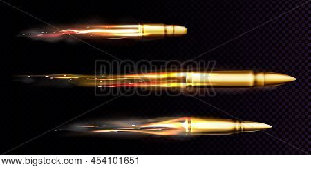 Flying Bullets With Fire And Smoke Traces. Vector Realistic Set Of Fired Bullets Different Calibers 