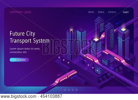 Futuristic Town With Train Highway And Skyscrapers At Night. Future City Transport System Banner. Ve