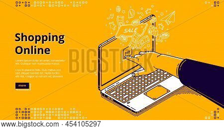 Online Shopping Isometric Landing Page, Customer Purchasing In Digital Store Choose Goods In Interne