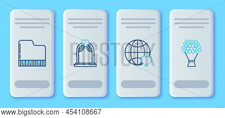 Set Line Wedding Arch, The Heart World Love, Grand Piano And Bouquet Of Flowers Icon. Vector