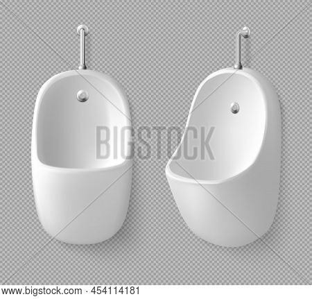 Ceramic Wall Urinal In Male Toilet Front And Side View. Equipment For Public Restroom For Men, White