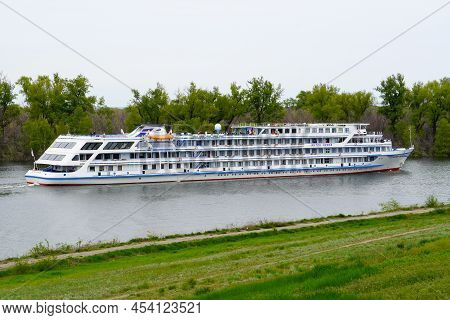 Volgograd, Russia - May 05, 2022: Cruise Liner Anton Chekhov With Tourists On Board Passes Along The