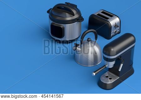 Kettle, Toaster, Coffee Machine With Horn And Multicooker On Blue Background