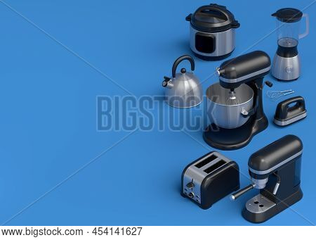 Electric Kitchen Appliances And Utensils For Making Breakfast On Blue Background
