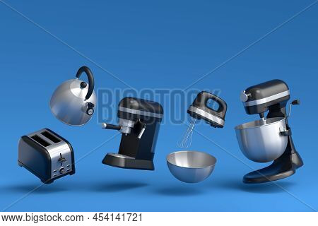 Espresso Coffee Machine, Hand Mixer, Kettle And Toaster On Blue Background.