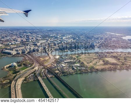 Aerial Elevated From An Airplane Above The East Potamic Golf Course And Thomas Jefferson Memorial Wi