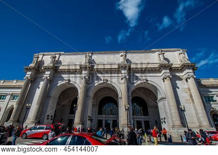 Washington, D.c. April 1, 2022, Union Station Railroad Train Station Exterior Front Entrance With Pe