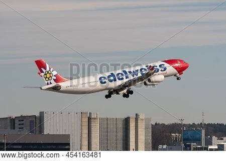Zurich, Switzerland, February 10, 2022 Edelweiss Air Airbus A340-313 Aircraft Is Taking Off From Run
