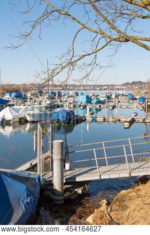 Wangen-lachen, Switzerland, February 13, 2022 Many Boats In A Small Harbor At The Lake Of Zurich