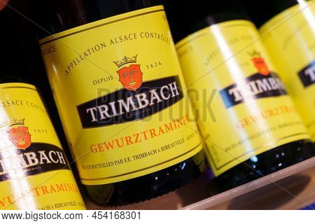 Tyumen, Russia-april 13, 2022: Gewurztraminer Bottle Wine Close Up Of Famous French Wine Company Tri