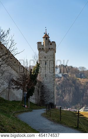 Lucerne, Switzerland, March 10, 2022 Historic Old Musegg Wall And Tower In The City Center