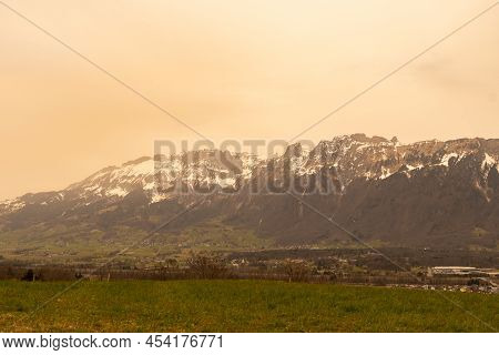 Schellenberg, Liechtenstein, March 15, 2022 Lots Os Sahara Sand Dust In The Atmosphere Over The Rhin