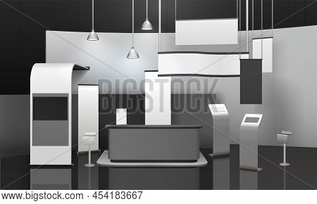 Advertising Exhibition Stand 3d Mockup With Counter, Displays, Horizontal And Vertical Blank Banners