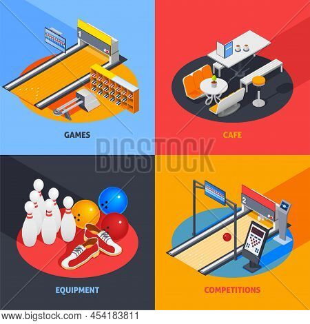 Bowling Colorful Isometric Compositions Including Game Equipment With Return System, Cafe, Sports Ge