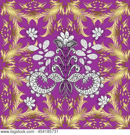 Golden Pattern On Neutral, Purple And Yellow Colors With Golden Elements. Oriental Ornament. Seamles