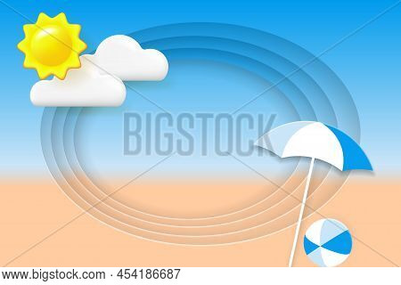 Summer Holiday Concept. Beach Umbrellal And Bright Ball On The Seacoast. Sandy Beach Layered Backgro