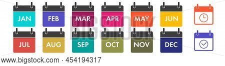 Yearly Calendar Icons Set. All Twelve Months With Names In Abbreviated Form. Plus Two Additional Pla