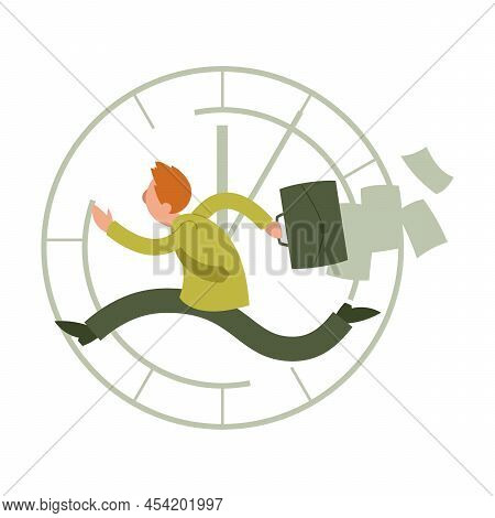 Man Runs In Wheel. Squirrel In Wheel At Work. Cartoon Vector