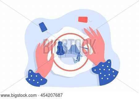 Hands Holding Needle And Embroidering Landscape. Person Using Embroidery Hoop Or Frame Flat Vector I