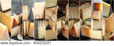 Petit Basque, French Cheese, Cheese Board Of Various Types Of Soft And Hard Cheese. Spanish Manchego