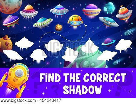 Find The Correct Shadow Of Ufo Or Alien Starship Game Worksheet. Cartoon Vector Kids Matching Logic 
