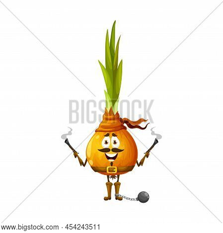 Cartoon Funny Onion Pirate, Vector Corsair Vegetable Character With Muskets And Bob On Leg. Funny Ve