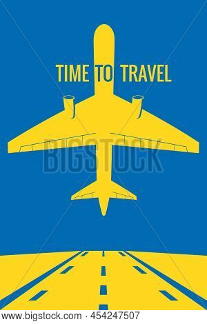 Plane In The Sky, Runway And Take-off, Palms, Suncet. Vintage Summer Holiday Poster, Banner. Vector 