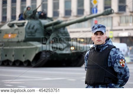 Moscow, Russia - May 2022: Soldier Of Russian Military Forces Of National Guard Standing On Backgrou