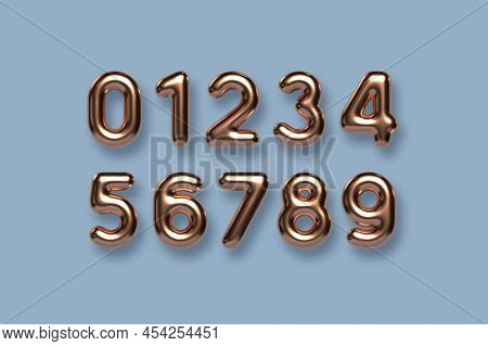 Copper Metallic Numbers Vector Set. 3d Realistic Metal Characters. Decorative Elements For Banner, C