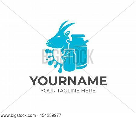 Goat, Milk Cans And Splash Milk, Logo Design. Dairy Farm, Milk Farm, Cattle Breeding And Stock Raisi
