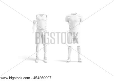 Blank White Soccer And Basketball Uniform Mockup, Front View, 3d Rendering. Empty T-shirt, Shorts, S