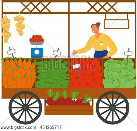 Market Stall With Saleswoman Trading Fruits And Vegetables. Counter, Bazar Stand With Harvest. Woman