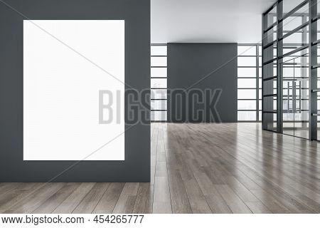 Modern Exhibition Interior With Wooden Parquet Flooring, Reflections, Panoramic Window Frame And Cit