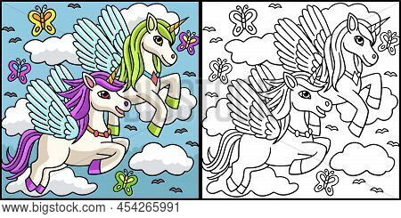 This Coloring Page Shows A Flying 2 Unicorns. One Side Of This Illustration Is Colored And Serves As