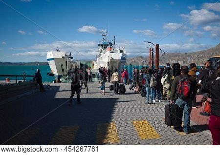 Puerto Ibanez, Chile - March, 2020: Boarding Queue To Ferry From Puerto Ibanez To Chile Chico On Gen
